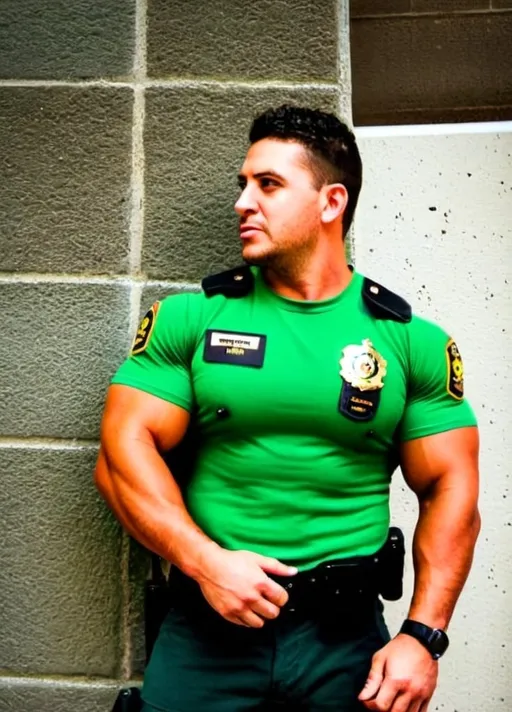 Prompt: alex mauricio burgos montecinos bara musclehunk bodybuilde fatness green policeman

