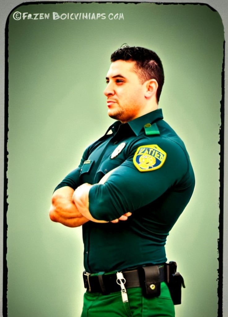 Prompt: alex mauricio burgos montecinos bara musclehunk bodybuilde fatness green policeman

