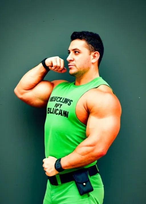 Prompt: alex mauricio burgos montecinos bara musclehunk bodybuilde fatness green policeman

