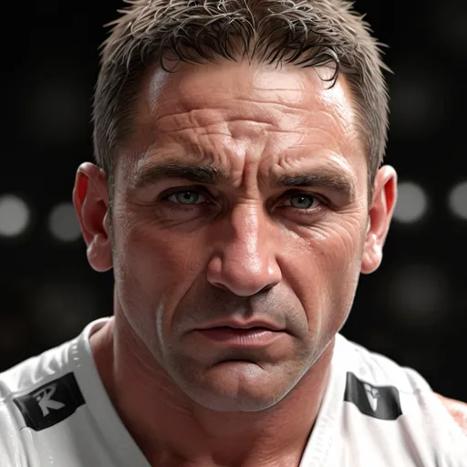 Prompt: Realistic digital portrait of Ken Shamrock, intense and determined expression, high-quality digital painting, detailed facial features, defined muscles, intense lighting, professional digital art, realistic tones, dramatic lighting, professional quality, digital painting, realistic, intense expression, defined muscles, dramatic lighting