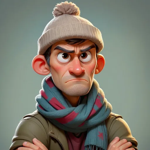 Prompt: a cartoon character with a scarf and hat on his head, standing with his arms crossed and looking to the side, Dan Luvisi, dada, m, a character portrait