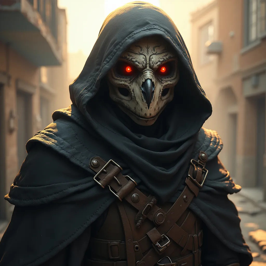 Prompt: Half-elf Rogue in a black cloak with an owl mask with a skull mouth guard in a town around sunlight