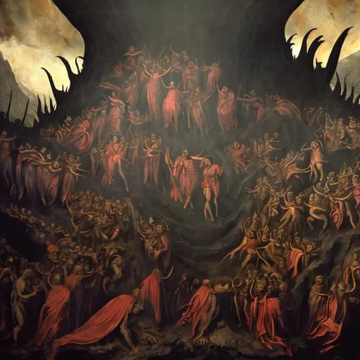 Prompt: dante's inferno inspired depiction of the apocalypse. faces are obscured. god is not merciful.