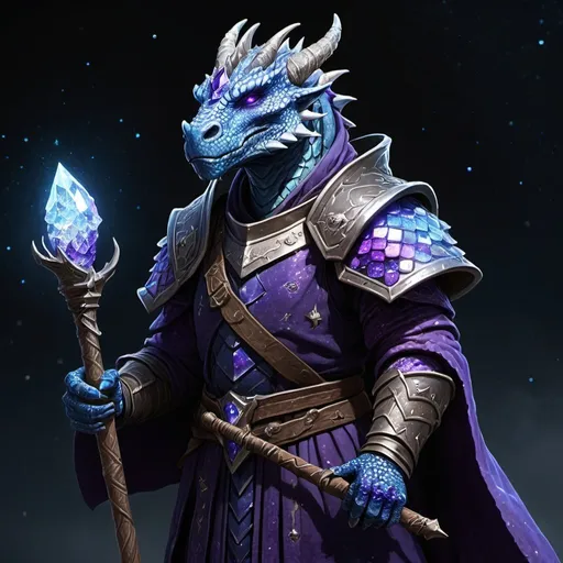 Prompt: a dragonborn with blue and purple skin covered in crystaline scales. Wearing dark robes that reflect the brightness of stars. Holding a staff