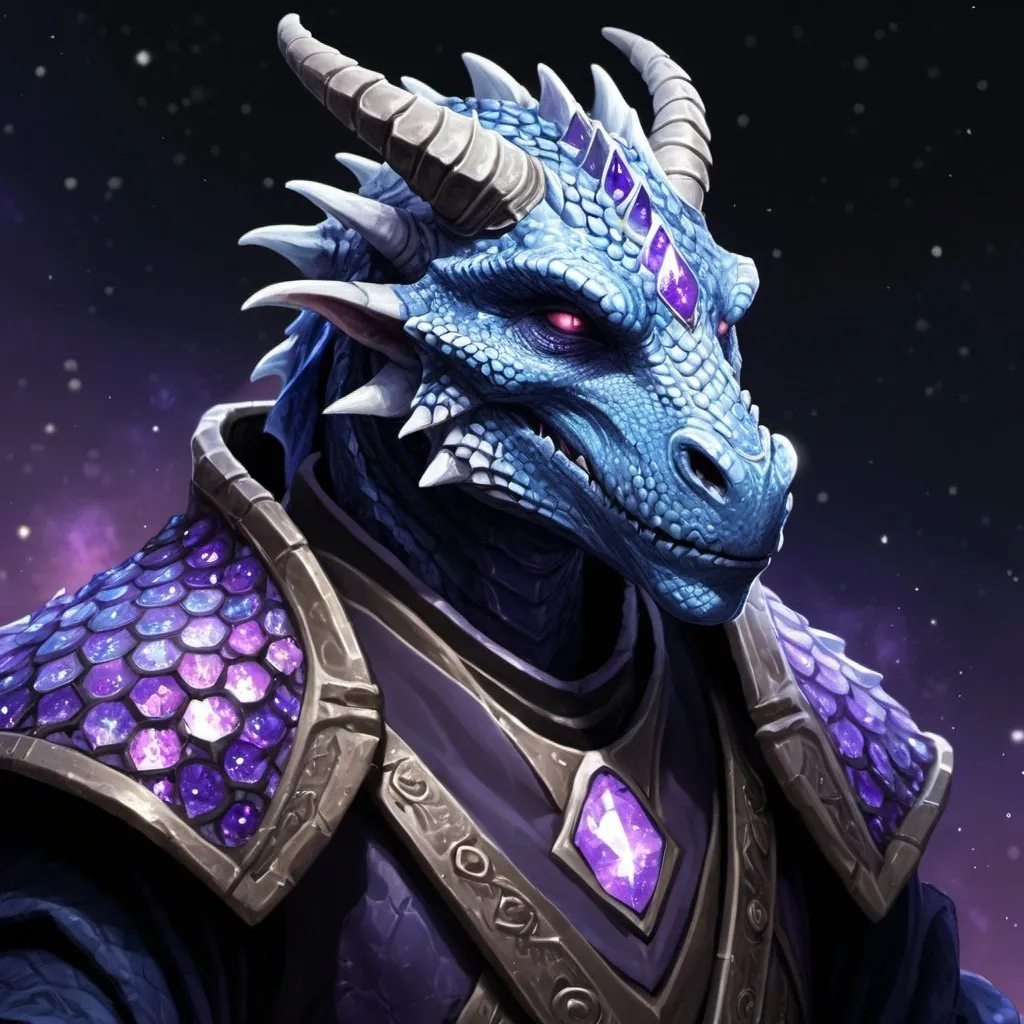 Prompt: a dragonborn with blue and purple skin covered in crystaline scales. Wearing dark robes that reflect the brightness of stars