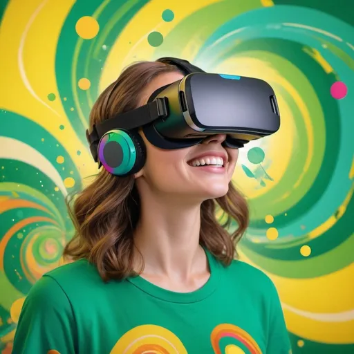 Prompt: A joyful young woman wearing a VR headset, surrounded by a vibrant, abstract background featuring shades of green and yellow with colorful swirls and patterns.

