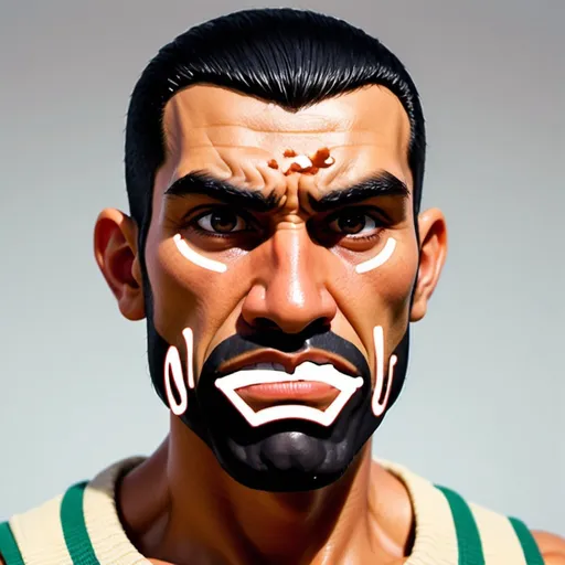 Prompt: Tan Mexican guy with neanderthal features, such as broad nose, and dense brow line. buzz cut dark brown hair, and dark eyes. The classic anime character has expression of annoyance or puzzled shown by a furrowed brow line. toned, but lean muscular body.