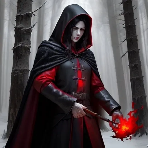 Prompt: A sorcerer with a hooded cloak. Red in color. He has dark hair. Black eyes. Walk through a deciduous forest in winter. It's starting to get dark. Harsh expression. Under the cape. He wears a communist, North Korean uniform. He carries a staff in his right hand. He is set with a red quartz gem. It is lit on fire.