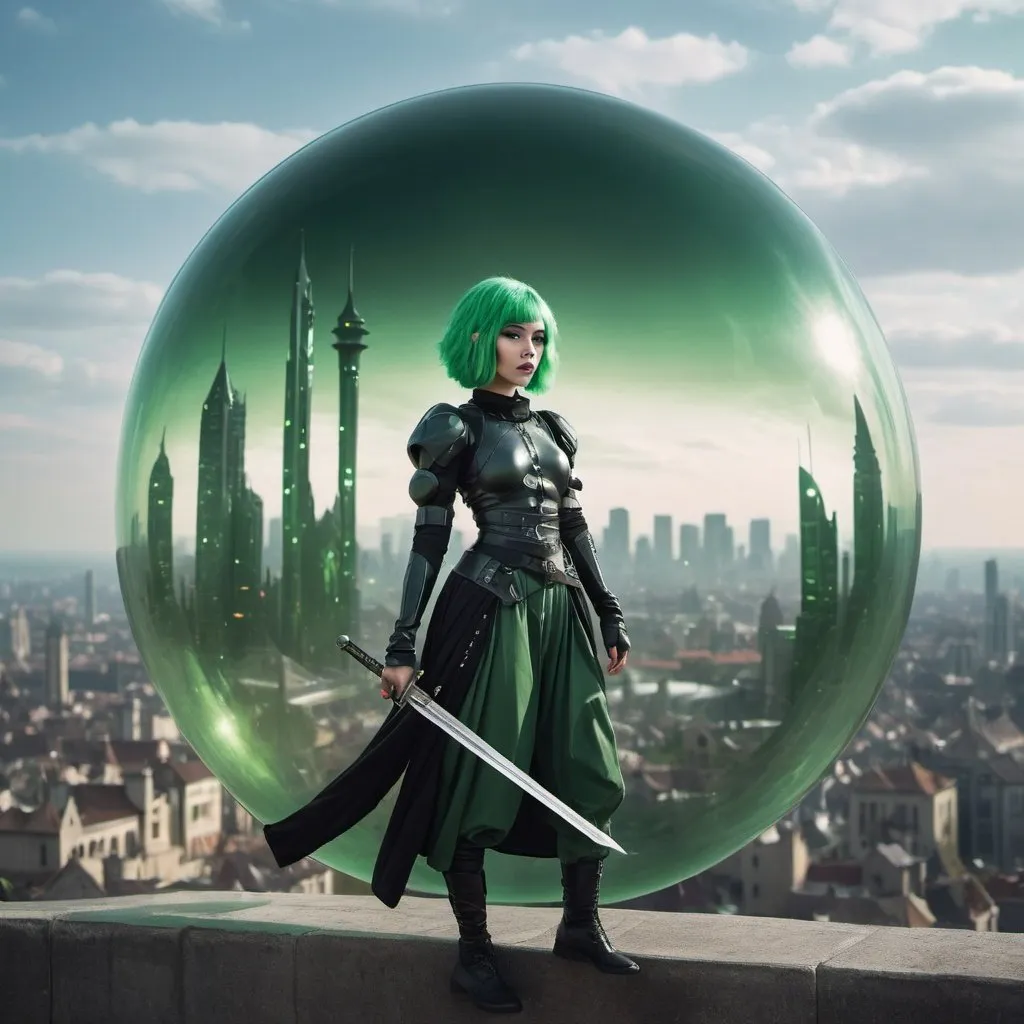 Prompt: 15th century-inspired woman with green hair, carrying a sword, futuristic city backdrop, black floating bubble, hesitant posture, detailed clothing, highres, medieval, futuristic, green hair, sword, black bubble, distant future cityscape, detailed attire, atmospheric lighting