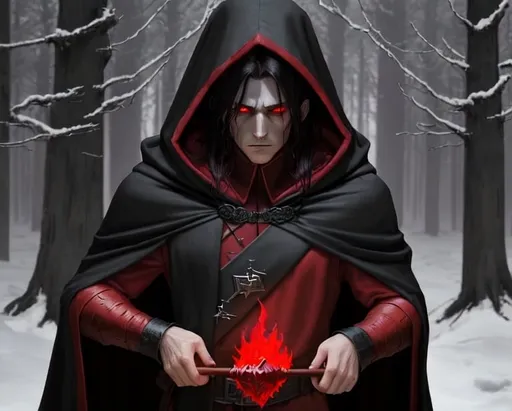 Prompt: A sorcerer with a hooded cloak. Red in color. He has dark hair. Black eyes. Walk through a deciduous forest in winter. It's starting to get dark. Harsh expression. Under the cape, he wears a communist, North Korean uniform. He carries a staff in his right hand. He is set with a red quartz gem. It is lit on fire.