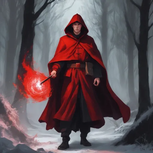 Prompt: A sorcerer with a hooded cloak. Red in color. He has dark hair. Black eyes. Walk through a deciduous forest in winter. It's starting to get dark. Harsh expression. Under the cape, he wears a communist, North Korean uniform. He carries a staff in his right hand. He is set with a red quartz gem. It is lit on fire.