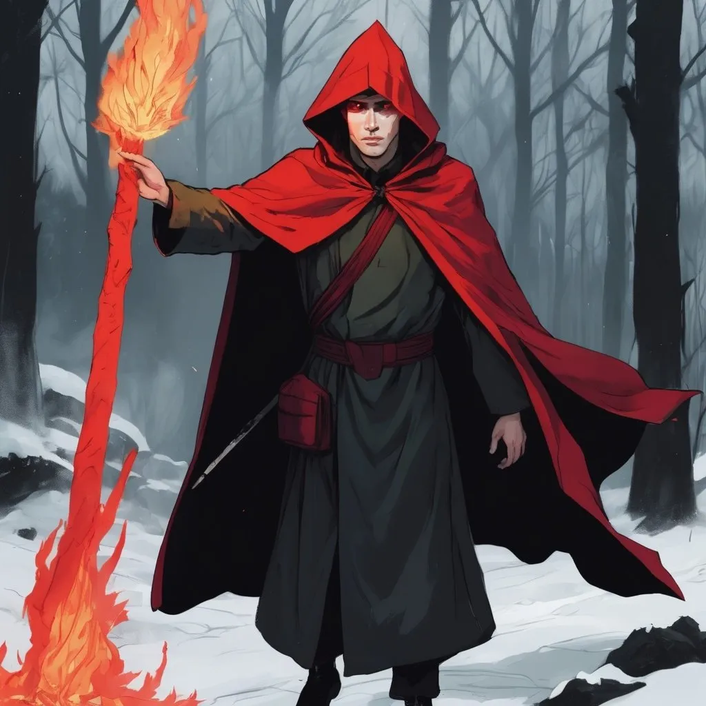 Prompt: A sorcerer with a hooded cloak. Red in color. He has dark hair. Black eyes. Walk through a deciduous forest in winter. It's starting to get dark. Harsh expression. Under the cape. He wears a communist, North Korean uniform. He carries a staff in his right hand. He is set with a red quartz gem. It is lit on fire.