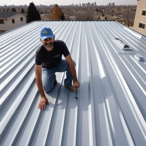 Prompt: Make painting of me myself shaul hanuka building a brand new standing seam metal roof. Roof color should be light blue