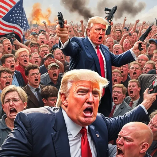 Prompt: Draw a painting of Donald Trump being shot and holding his ear while Trump supporters going mad in the backround