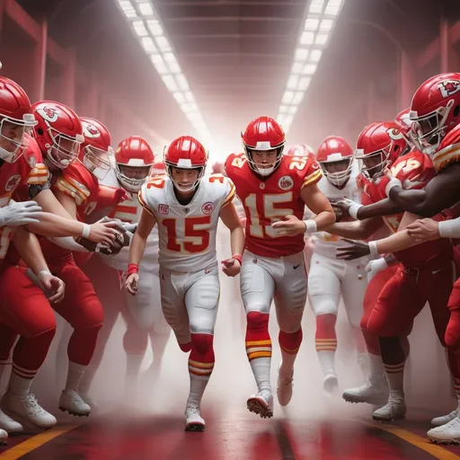 Prompt: Create an amazing image of Patrick Mahomes leading his football team the Kansas City Chiefs, Taylor Swift and Travis Kelce holding hands as Patrick Mahomes leads the team through the tunnel