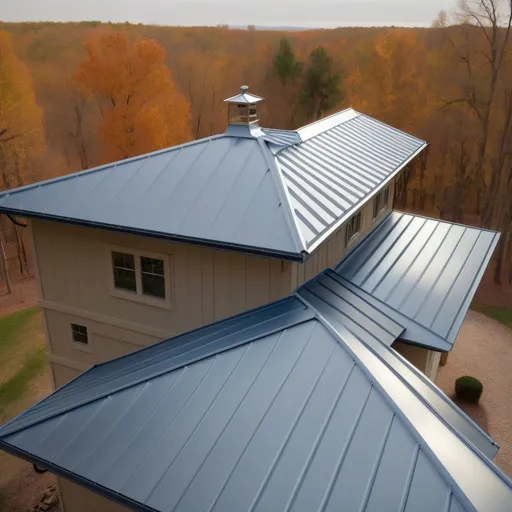 Prompt: Draw an image of the most beautiful blue 1-in standing seam 24 gauge Galvalume metal roof. The roof should be a blue color