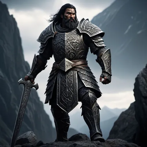 Prompt: Goliath rune knight with black hair and beard