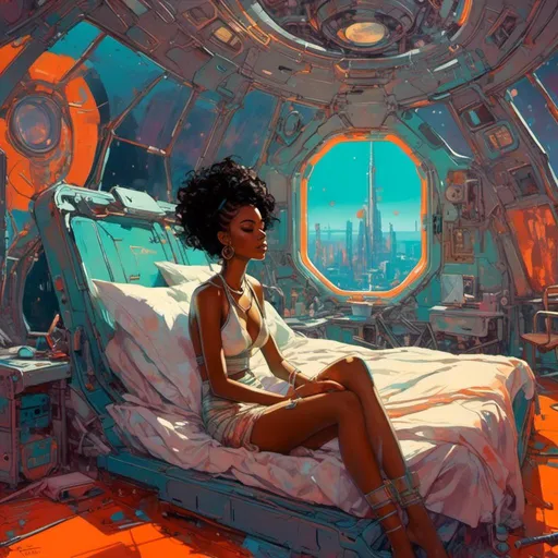 Prompt: <mymodel>(mymodel), a woman sitting in a futuristic room, (afrofuturism) aesthetic, with a sleek rocket ship in the background, a cozy bed in the foreground, and a stylish suitcase nearby. Vibrant colors illuminate the scene, creating an enchanting sci-fi atmosphere. Intricate details enhance the character portrait appearance, giving depth and personality, enveloped in an inspiring ambiance of exploration and adventure. Ultra-detailed, HD quality.