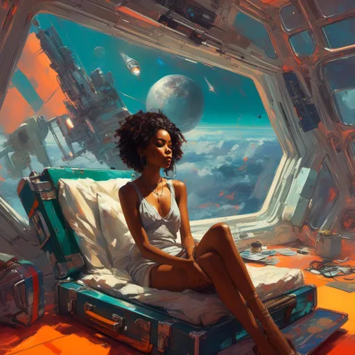 Prompt: <mymodel>(mymodel), a woman sitting in a futuristic room, (afrofuturism) aesthetic, with a sleek rocket ship in the background, a cozy bed in the foreground, and a stylish suitcase nearby. Vibrant colors illuminate the scene, creating an enchanting sci-fi atmosphere. Intricate details enhance the character portrait appearance, giving depth and personality, enveloped in an inspiring ambiance of exploration and adventure. Ultra-detailed, HD quality.