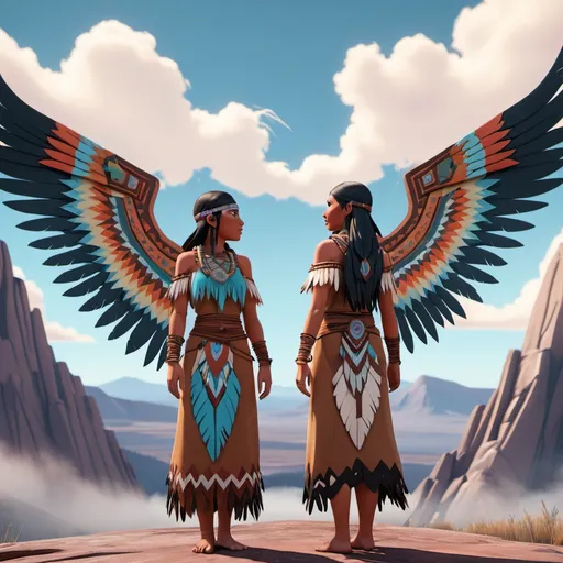 Prompt: two animated women dressed in native american clothing and wings, standing in front of a mountain landscape with a sky background, Epsylon Point, synchromism, wings, a screenshot