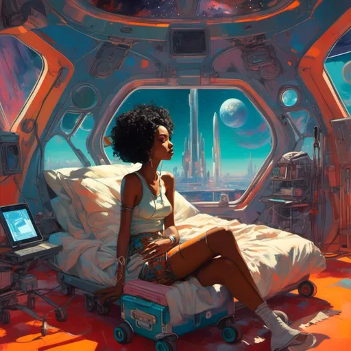 Prompt: <mymodel>(mymodel), a woman sitting in a futuristic room, (afrofuturism) aesthetic, with a sleek rocket ship in the background, a cozy bed in the foreground, and a stylish suitcase nearby. Vibrant colors illuminate the scene, creating an enchanting sci-fi atmosphere. Intricate details enhance the character portrait appearance, giving depth and personality, enveloped in an inspiring ambiance of exploration and adventure. Ultra-detailed, HD quality.