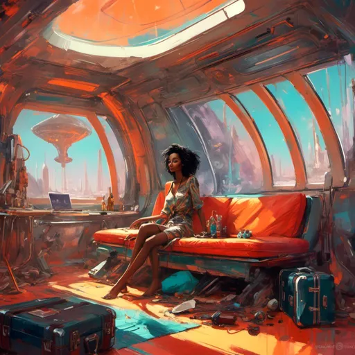 Prompt: <mymodel>(mymodel), a woman sitting in a futuristic room, (afrofuturism) aesthetic, with a sleek rocket ship in the background, a cozy bed in the foreground, and a stylish suitcase nearby. Vibrant colors illuminate the scene, creating an enchanting sci-fi atmosphere. Intricate details enhance the character portrait appearance, giving depth and personality, enveloped in an inspiring ambiance of exploration and adventure. Ultra-detailed, HD quality.