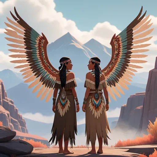 Prompt: two animated women dressed in native american clothing and wings, standing in front of a mountain landscape with a sky background, Epsylon Point, synchromism, wings, a screenshot