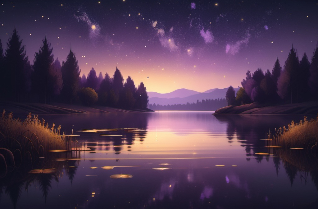 Prompt: A cozy, dark evening scene with warm golden and soft purple tones. A calm, reflective lake under the starry sky, with gentle ripples creating a peaceful atmosphere. Soft lighting, serene, Lo-fi vibe