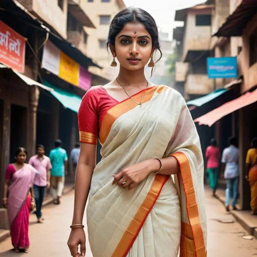 Prompt: High definition poster of a lady in light colored handloom saree in a vibrant city center 