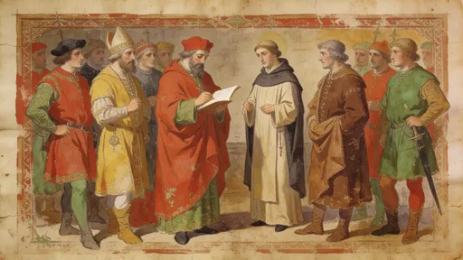 Prompt: A priest standing quietly beside local leaders, introducing writing and record-keeping without spectacle, authority beginning to outlive individuals, a full-frame medieval-style scene without any borders, decorations, or ornamental framing. The image should be painted in the style of a 14th-century European historical artwork, using slightly flattened perspective and hand-painted brush textures. Avoid illuminated manuscript layouts or frames. Use aged, parchment-toned lighting with earthy colors like faded reds, ochre, moss green, and brown. The overall look should feel cinematic, ancient, and handcrafted — as if it’s a realistic frame from an old historical film or storybook brought to life.