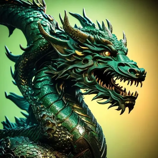Prompt: Portrait photo render of a furious dragon crafted from shimmering Liquid green colour, its body covered in intricate cherry blossom patterns. The background is a shade of gold with Chinese boulders, highlighting the dragon's gleaming bright and dark shades. The visual style should resemble high-fidelity rendering techniques seen in graphics engines.