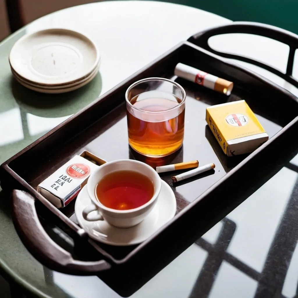 Prompt: A tray with a box of cigarettes, a Cigarette lighter, and a cup of tea on it