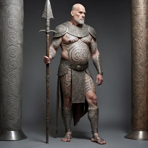 Prompt: A full body painting of a tall, bald, stone skinned half giant man. He a wears piecemeal armour that reveals runic tattoes on his grey skin. He wears a stoic yet coy expression on his face. He leans on the metal haft of a large lance. 