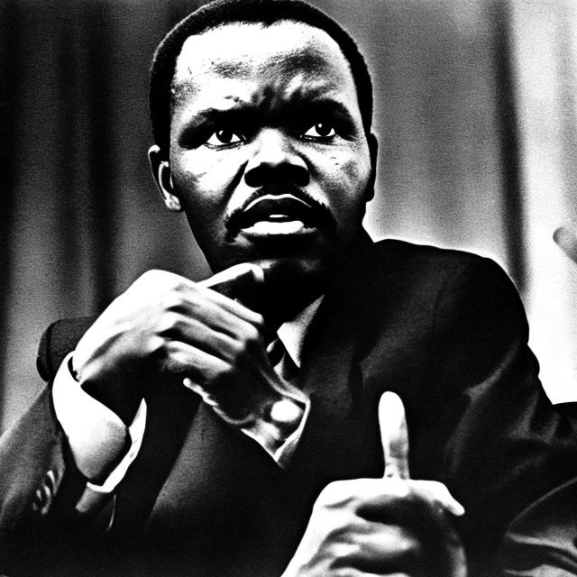 Prompt: Image de Steve biko avec sont nom derrière 