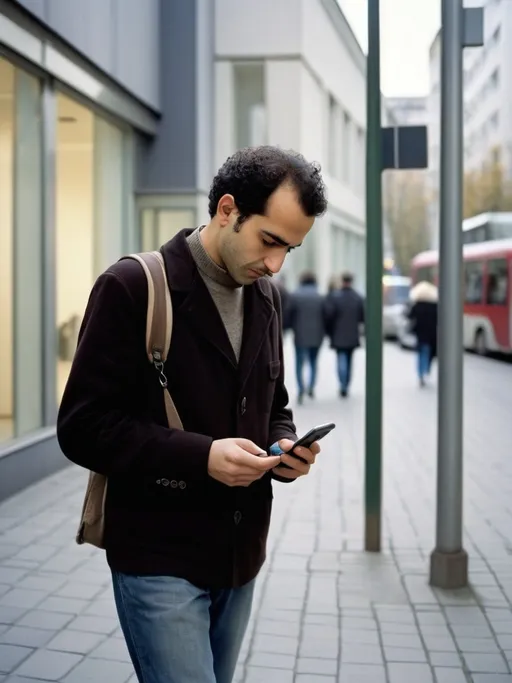 Prompt: a man is walking down the street using his cell phone while looking at his phone screen and holding a cell phone, Ahmed Karahisari, berlin secession, no text, a stock photo