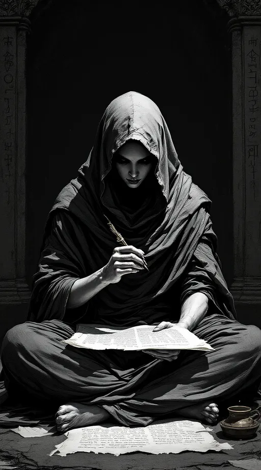 Prompt: A mysterious, androgynous female scribe seated cross-legged in a dim, ancient ritual chamber. She wears a heavy, ash-grey hooded cowl that conceals her face in deep shadow. Her figure is lean and toned beneath the draping cloth, posed with disciplined stillness. Pale, ink-stained hands hold a bone-handled quill above a parchment scroll, mid-writing. The composition is rendered in the hybrid style of Leonardo da Vinci and Albrecht Dürer—highly detailed linework, subtle crosshatching, intricate textures in fabric and skin, anatomical precision. The lighting is chiaroscuro: strong directional shadow with soft highlights illuminating her hands and parchment. The background suggests a gothic temple—carved stone, faded script, sacred symbols. The mood is austere, reverent, and intensely focused. Style: Renaissance sketchbook engraving meets occult realism.