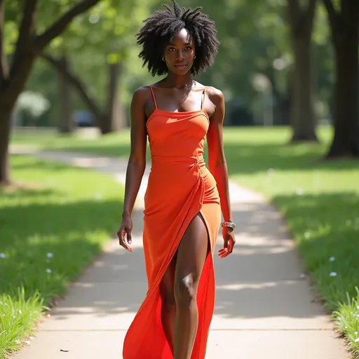 Prompt: A gorgeous 26 year old female of Kenyan and Colombian heritage muscular light make up flawless skin long sundress spaghetti straps slit up the leg walking through a park on a clear sunny day 8k