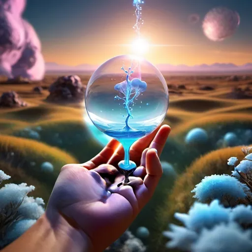 Prompt: Wallpaper art, liquid design in the background, biomes, overlaying watermark neurotransmitter, pearlescent, high plains graphic, forming Nueral atoms the 2nd dimension, in our hand, high plains, biopunk, first person perspective, magic wand