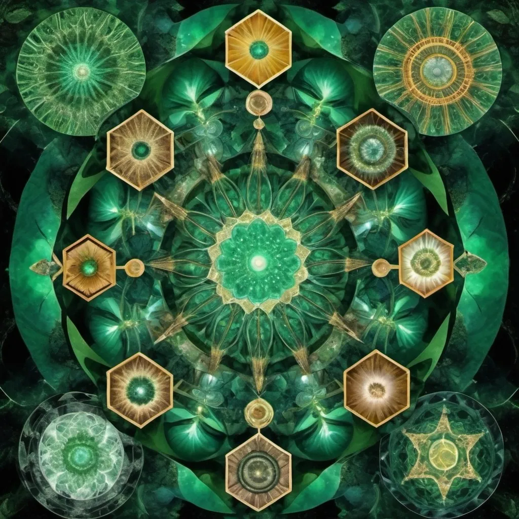 Prompt: ancient land of another dimension, whitacocha, water color, digital fractal collage, starseed, forest matrix, time spirals, growing food and power multiplied, emerald yoni, ancestors, honey combs, immortal consciousness, generator quartz crystal, folding energy, designs, 