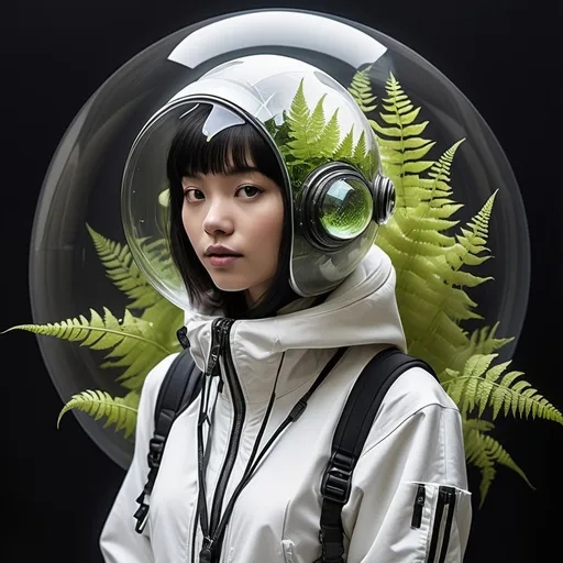 Prompt: Biomonk, future clothes, fern print, biohacker, clothes are the environment, flow dancing crystal ball juggler, future nature, mapping, codes, hooded halo armor, future designer, hooded space suit 