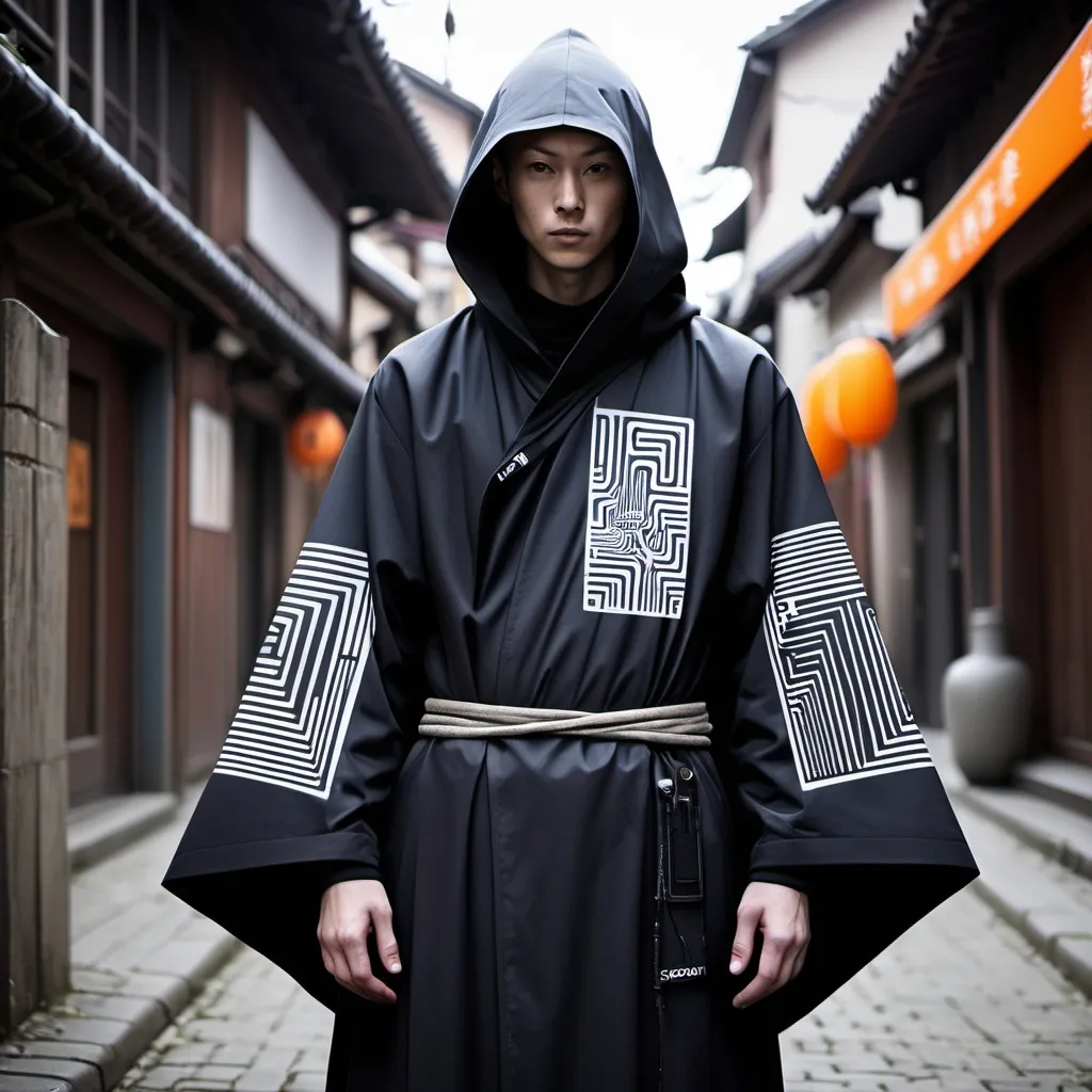 Prompt: A futuristic clothing, an gyeon, future nature, old print, biohackers, designed, art, mapping, low tech, flowing, street wear, prismatic bar codes, natural features, posed, TRN logo, monk, monks, monk cloak