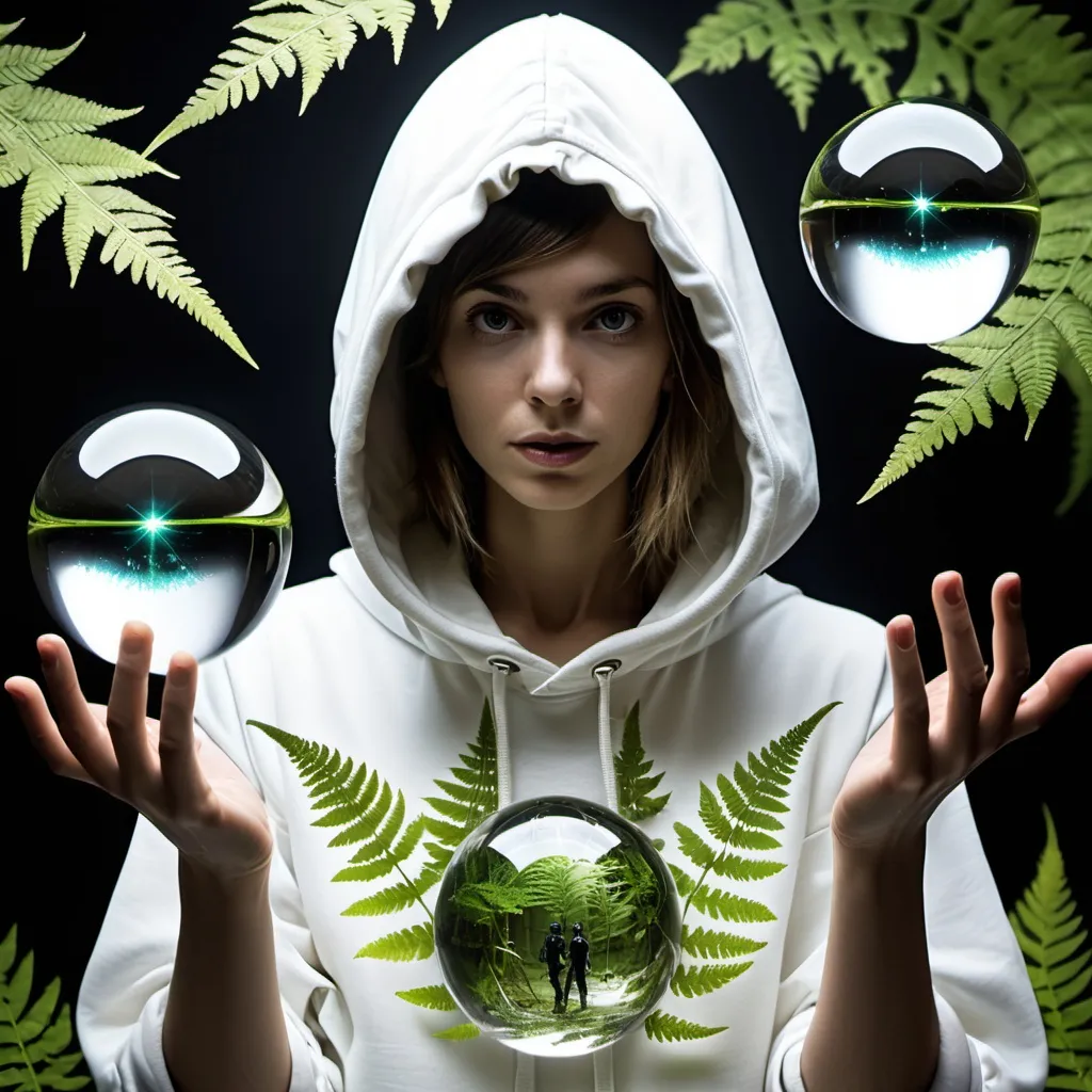 Prompt: Biomonk, future clothes, fern print, biohacker, clothes are the environment, flow dancing crystal ball juggler, future nature, mapping, codes, hooded halo armor 