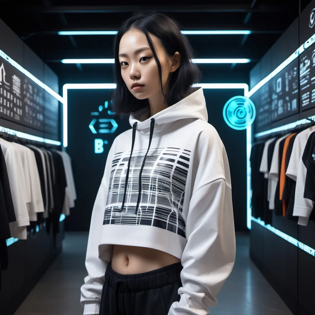 Prompt: A futuristic clothing, an gyeon, future nature, old print, biohackers, designed, art, mapping, low tech, flowing, street wear, prismatic bar codes, natural features, posed, TRN logo