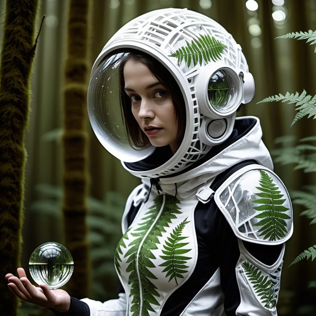 Prompt: Biomonk, future clothes, fern print, biohacker, clothes are the environment, flow dancing crystal ball juggler, future nature, mapping, codes, hooded halo armor, future designer, hooded space suit 