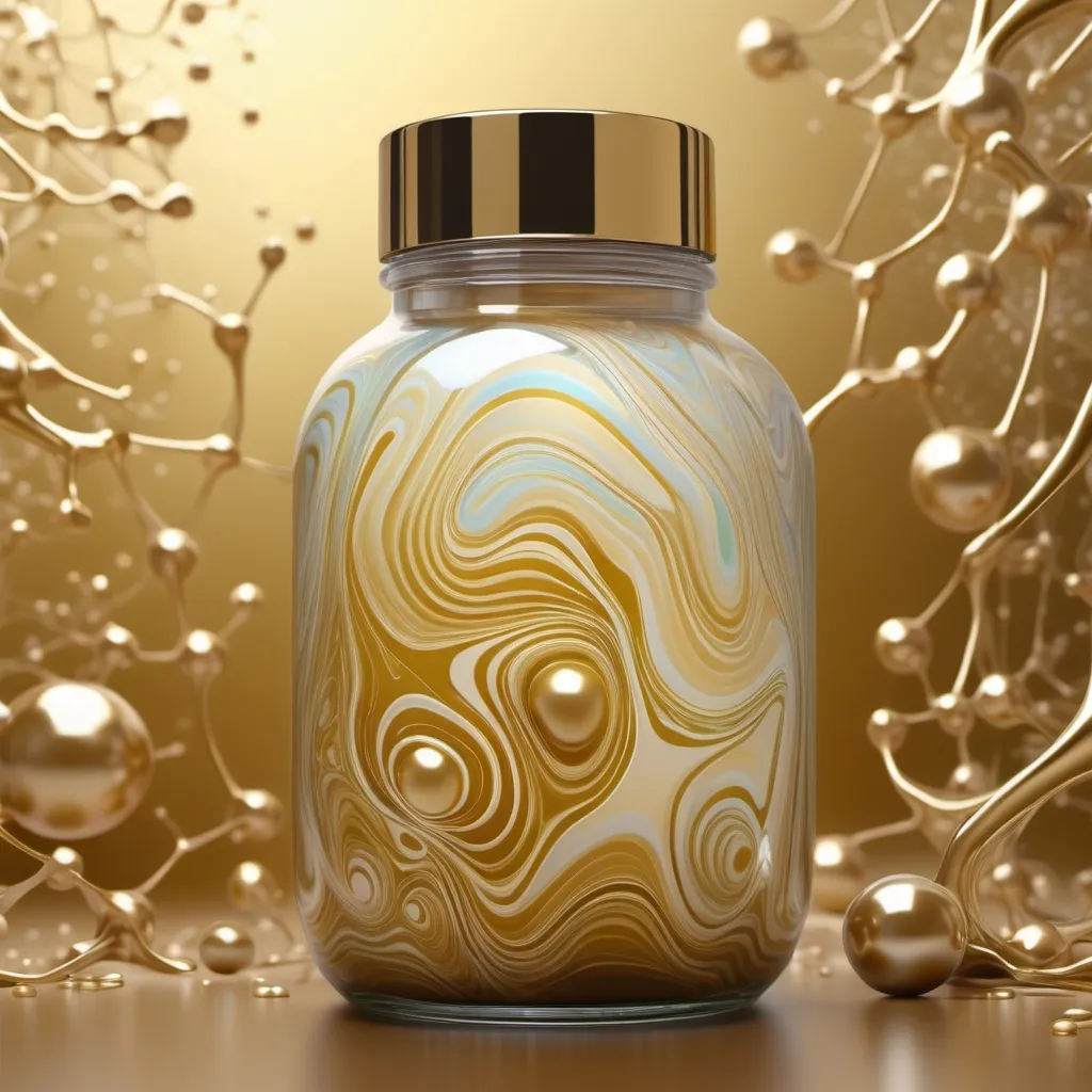 Prompt: Wallpaper art, liquid design in the background, biomes, overlaying watermark neurotransmitter, pearlescent, high plains graphic, forming Nueral atoms the 2nd dimension, in a jar, opalescent, hypnotic, synthesis, energizing, gold, multi-grain