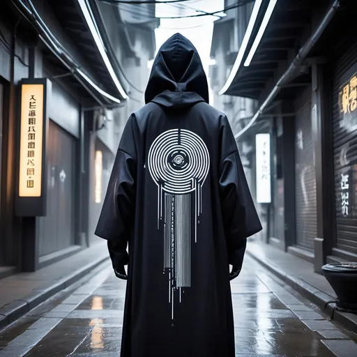 Prompt: A futuristic clothing, an gyeon, future nature, old print, biohackers, designed, art, mapping, low tech, flowing, street wear, prismatic bar codes, natural features, posed, TRN logo, monk, monks, monk cloak