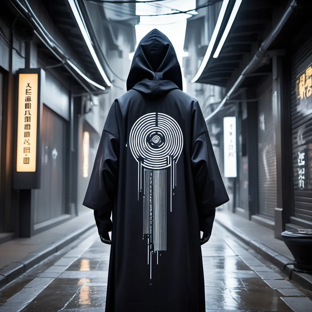 Prompt: A futuristic clothing, an gyeon, future nature, old print, biohackers, designed, art, mapping, low tech, flowing, street wear, prismatic bar codes, natural features, posed, TRN logo, monk, monks, monk cloak