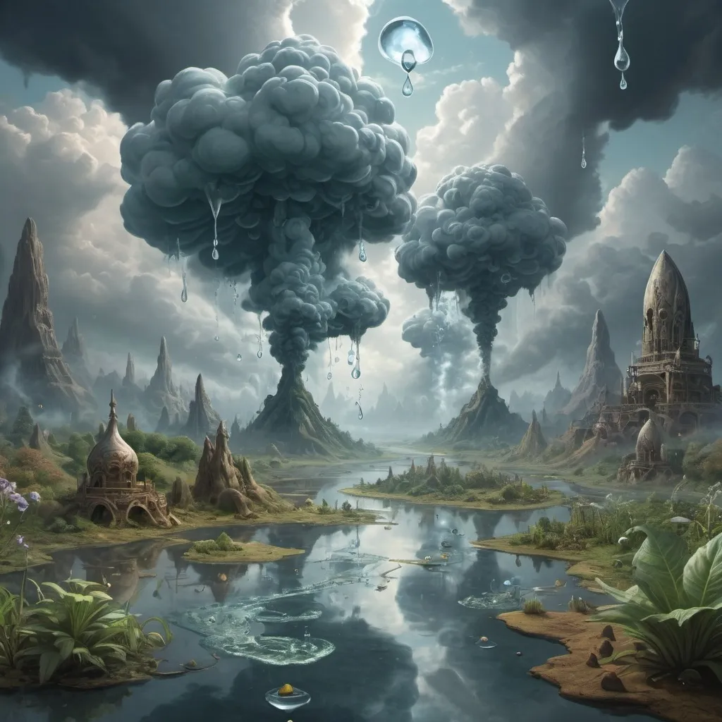 Prompt: Fat clouds of smoke, raindrop collapsing, encapsulated in prana, gamma, alchemist lab, seeds into rigs floating river of life 