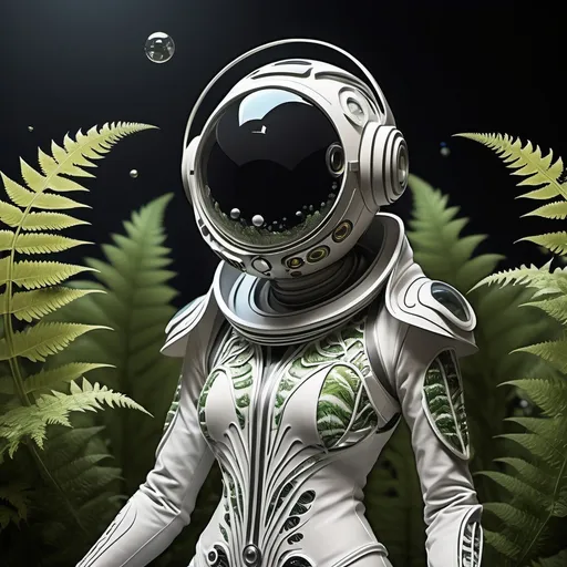 Prompt: Biomonk, future clothes, fern print, biohacker, clothes are the environment, flow dancing crystal ball juggler, future nature, mapping, codes, hooded halo armor, future designer, hooded space suit, spore cloud, future space suits, future planets, pharaoh costume, pharaoh theme 