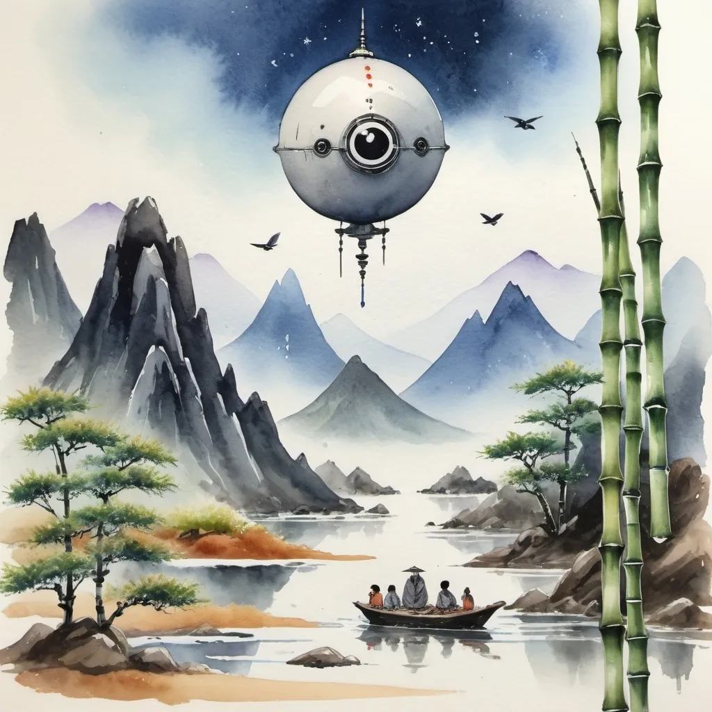 Prompt: Japanese zen watercolor painting, crystal mountains, magic one-eyed birds, bamboo, residue, pod, travelers, hovercraft birds, spaceship, interstellar, camp, 